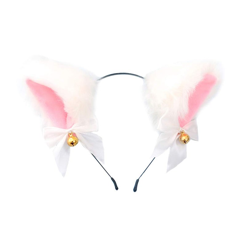 Fxaelian Animal Faux Fur Fox Cat Dog Ears Headband Halloween Cosplay Costume Party Headbands for Women Men Adult with Bell White - Image 1